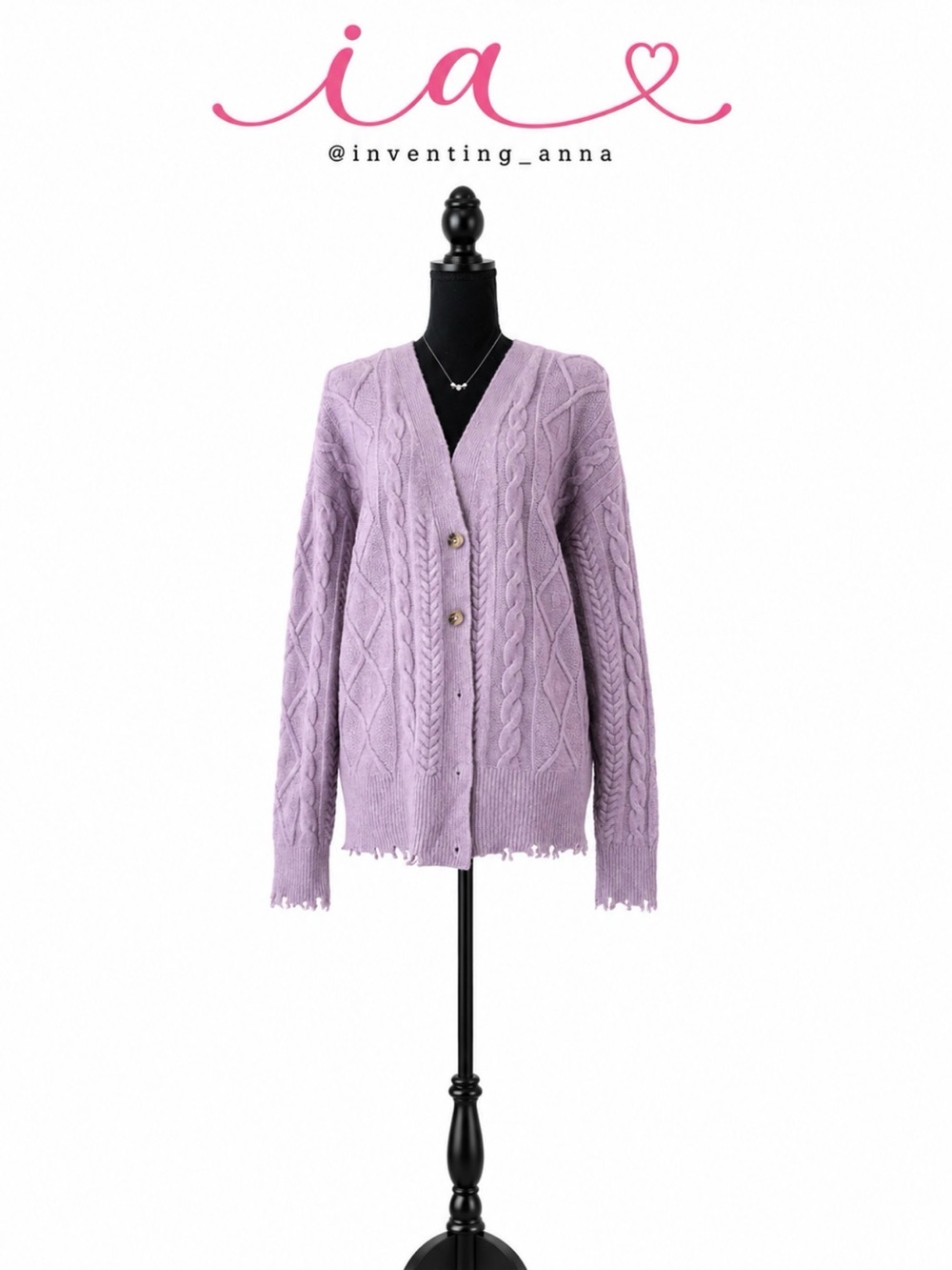 Women’s Lavender Cable Knit Cardigan V Neck Button Front Distressed Sweater